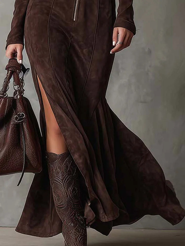 Samanta | Brown Vintage Long Dress with Belt